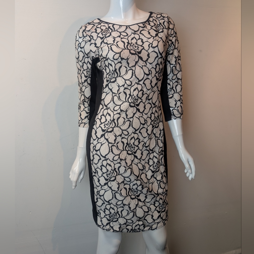 Bisou Bisou Women Sz8  Black White 3/4 Sleeve Lined Dress